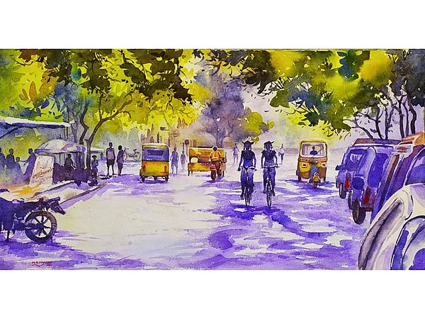 Indian City Life Landscape | Purple Tint | Watercolour On Paper