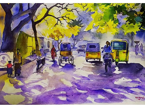 Daily Rural City Life Landscape Painting | Purple Tint | Watercolour on Paper