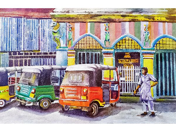 Rickshaws In Queue | Watercolour On Paper
