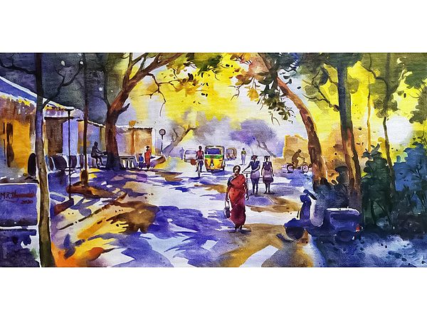 Indian Rural City Landscape | Purple Tint | Watercolour On Paper