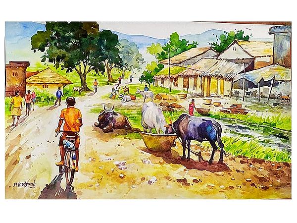 Village Daily Morning Life Landscape | Watercolour on Paper