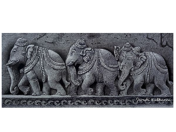 Stone Sculpture of Elephants Artwork Painting by Shruti Kulkarni