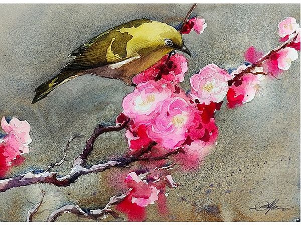 Bird On Flower Branch | Aesthetic Art | Achintya Hazra