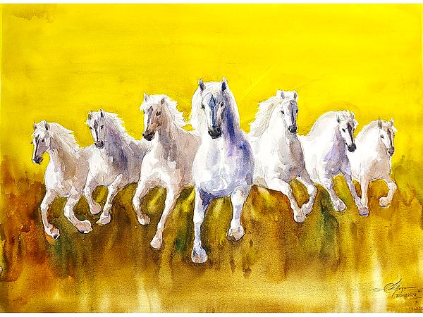 Seven Horse In Yellow Background | Aesthetic Art | Achintya Hazra