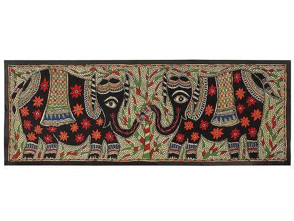Elephants In Colourful Traditional Wear | Madhubani Painting