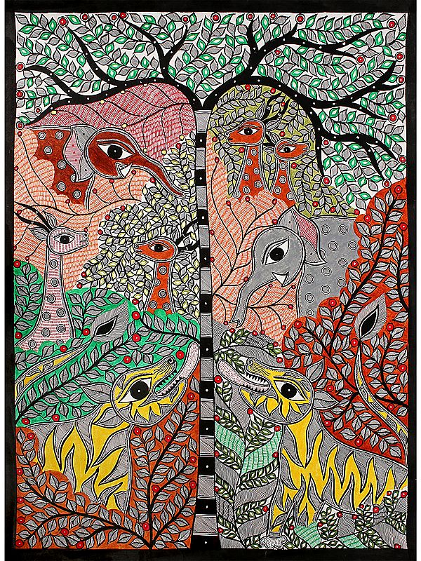 Animals Around Tree of Life | Madhubani Painting