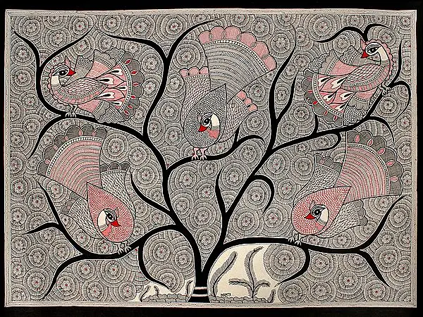 Peacocks Sitting In Tree | Madhubani Painting