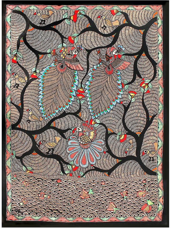 Colourful Fishes and Peacock | Madhubani Painting