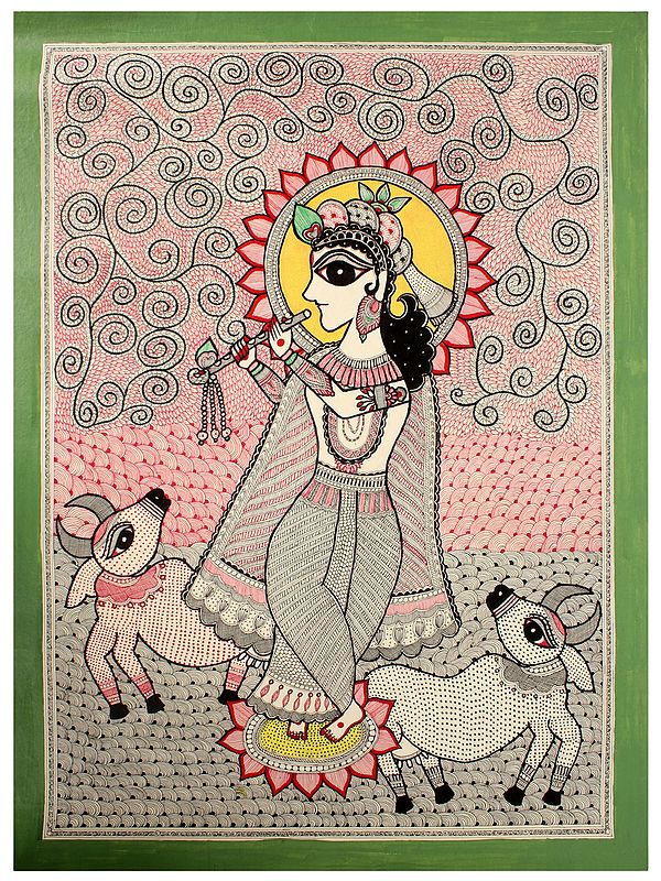 Shri Krishna Around Cows | Madhubani Painting