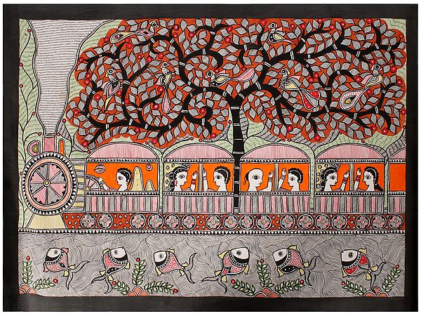 Krishna Playing Flute For Gopi | Madhubani Painting