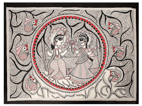 Radha Krishna Together On Swing | Madhubani Painting
