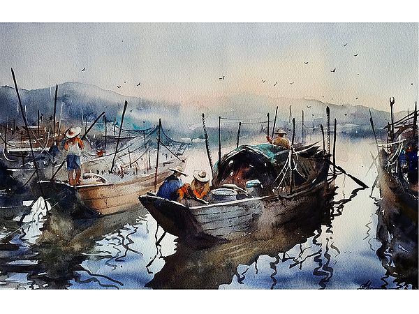 Fisherman Boats In Queue | Aesthetic Art | Achintya Hazra