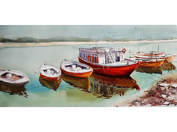Boats and Ship On River Shore | Aesthetic Art | Achintya Hazra