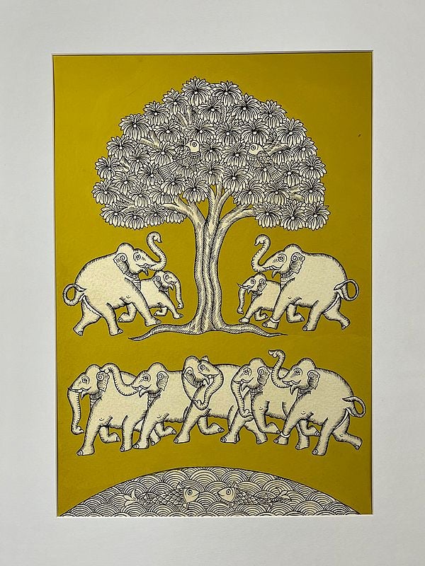 Elephants Around Tree Of Life | Phad Painting by Kalyan Joshi