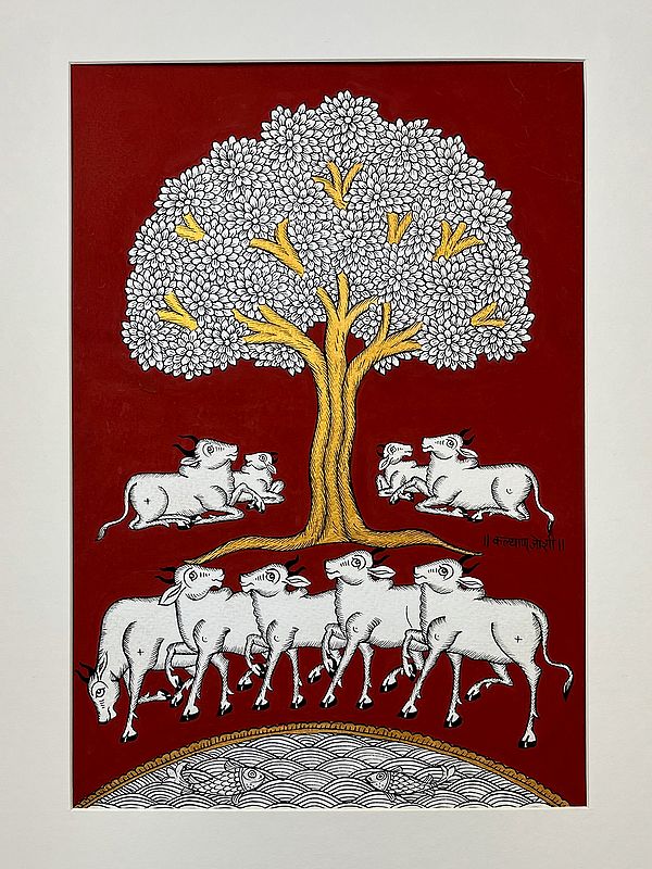 Cows Around Tree of Life | Phad Painting by Kalyan Joshi
