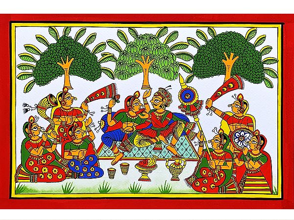 King and Queen Having Feast | Colourful Traditional Art | Phad Painting