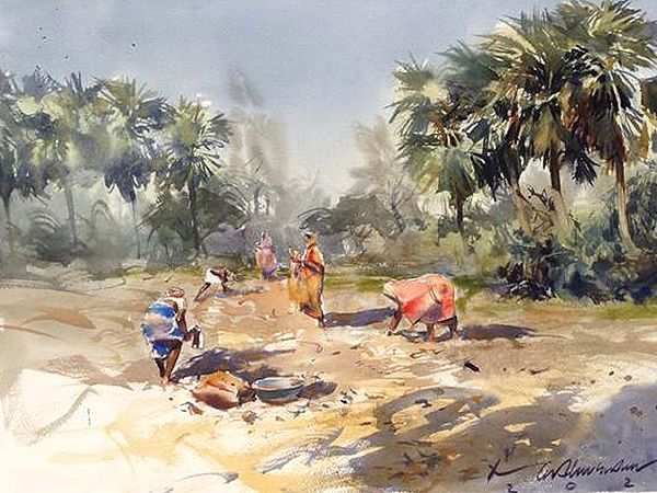 Farmers Working in a Field | Watercolor Painting by Madhusudan Das