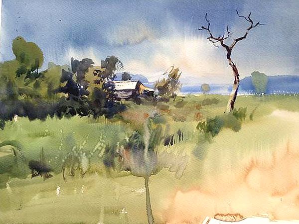 Hut In a Village | Landscape Art | Watercolor Painting by Madhusudan Das