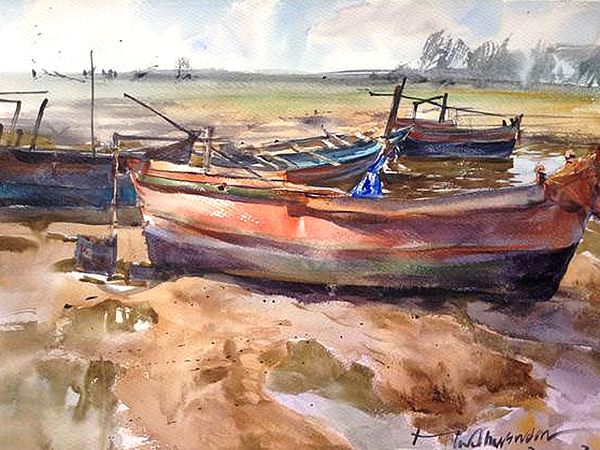 Sea Side Boats | Watercolor Painting by Madhusudan Das