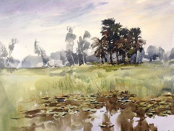 Lotus Pond Landscape View | Watercolor Painting by Madhusudan Das