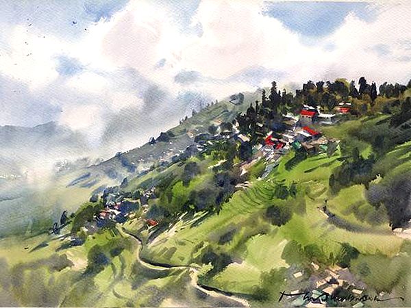 Hill Town | Watercolor Painting by Madhusudan Das