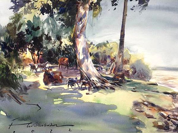 Cows in a Village | Watercolor Painting by Madhusudan Das