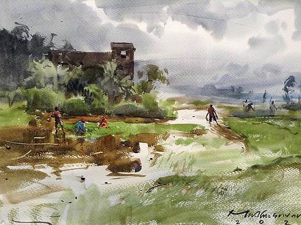 Life in a Village | Watercolor Painting by Madhusudan Das