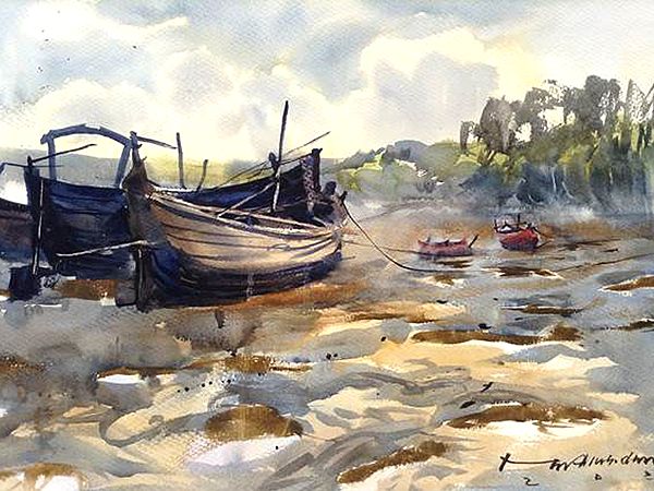 Boats at Sunderbans | Watercolor Painting by Madhusudan Das