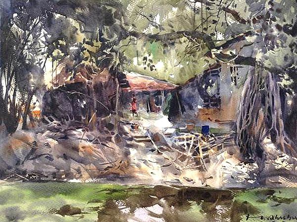 A Village Landscape | Watercolor Painting by Madhusudan Das