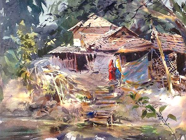 Small Household by The Lake | Loose Watercolour Painting by Madhusudan Das
