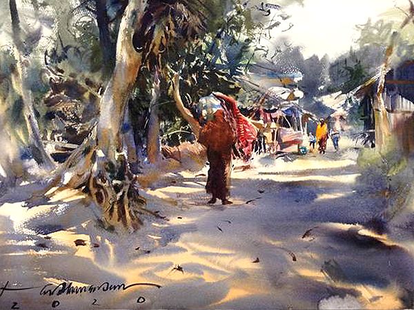 Rural Village Pathway | Loose Watercolour Painting | By Madhusudan Das