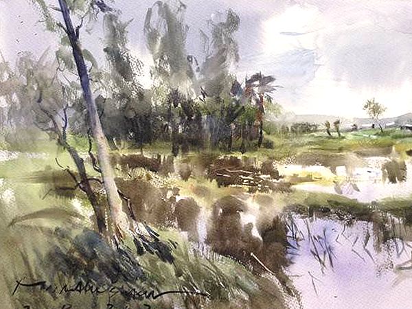 Lake By The Forest | Loose Watercolour Painting | By Madhusudan Das