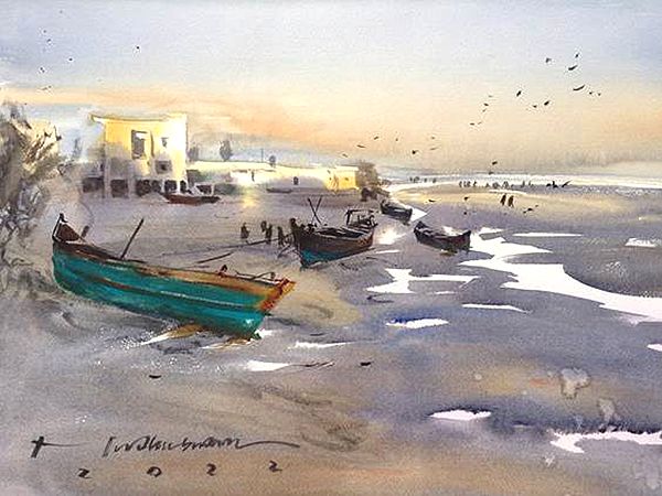 Boats On Beach Landscape | Loose Watercolour Painting | By Madhusudan Das
