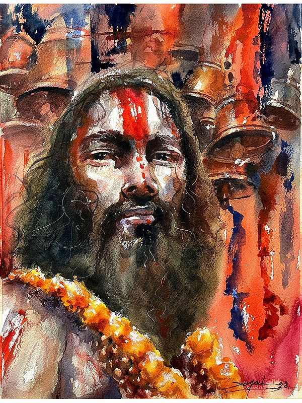 Sadhu With Flower Garland On Neck | Acrylic on Canvas | By Jugal Sarkar