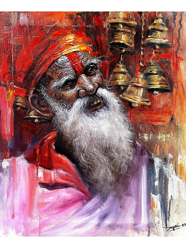 Old Sadhu With Temple Bells In The Background | Acrylic on Canvas | By Jugal Sarkar