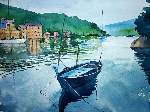 Boat On River Landscape | Watercolor on Paper | By Rajib Agarwal