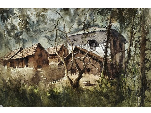 Old Houses In Village | Loose Watercolor Painting | By Achintya Hazra