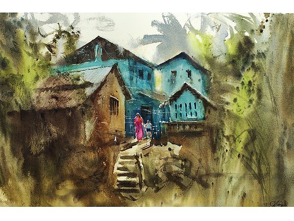 Mother and Son In Village | Loose Watercolor Painting | By Achintya Hazra