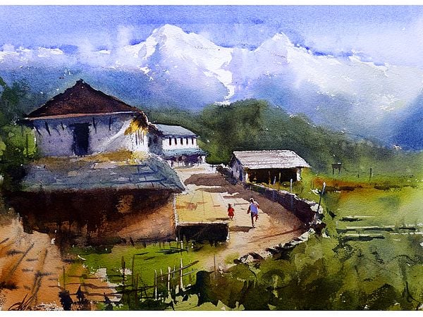 Mountain Village Serenade | Watercolor Painting by Achintya Hazra