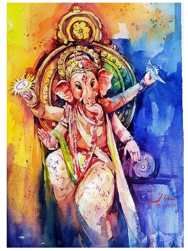 Chaturbhuja Lord Ganesha Seated on Throne | Watercolor Painting by Sarat Shaw