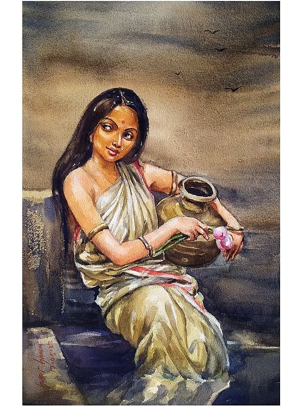 Lady Carrying Pot | Watercolor Painting by Sarat Shaw