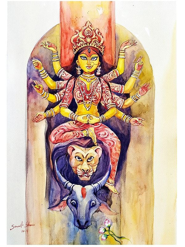 Divine Durga On Lion | Watercolor On Paper | By Sarat Shaw