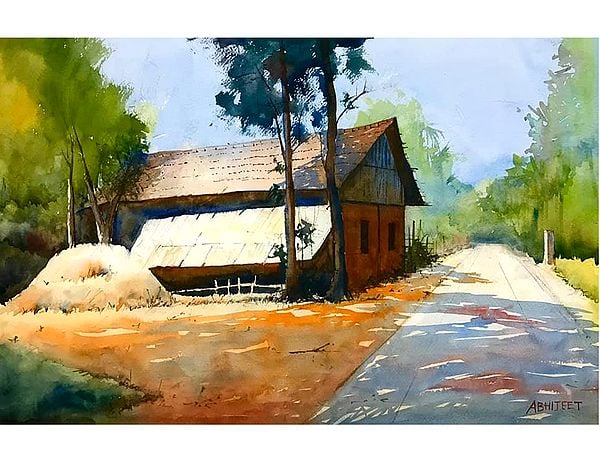 Hut in a Village | Landscape | Watercolor Painting by Abhijeet Bahadure