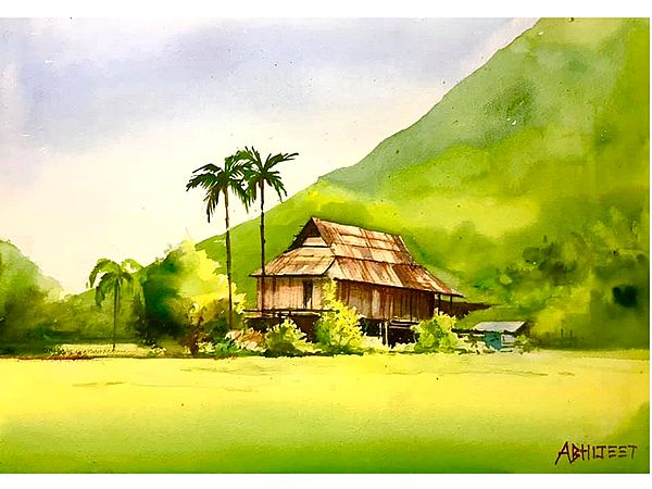 Mountain Village Landscape | Watercolor Painting by Abhijeet Bahadure