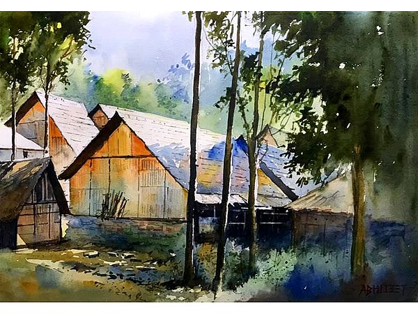 Village Landscape | Watercolor Painting by Abhijeet Bahadure