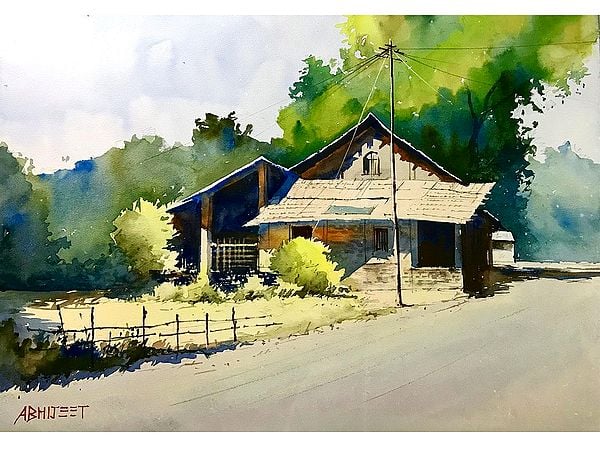 House on Village Road | Watercolor Painting by Abhijeet Bahadure