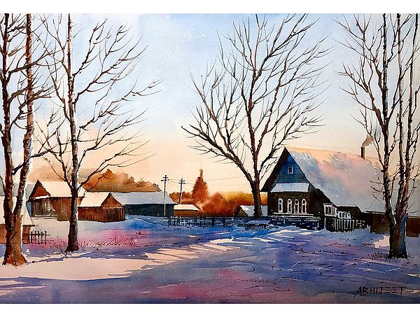 Winter Village Landscape | Watercolor Painting by Abhijeet Bahadure