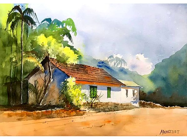 Home Alone | Village Landscape | Watercolor Painting by Abhijeet Bahadure