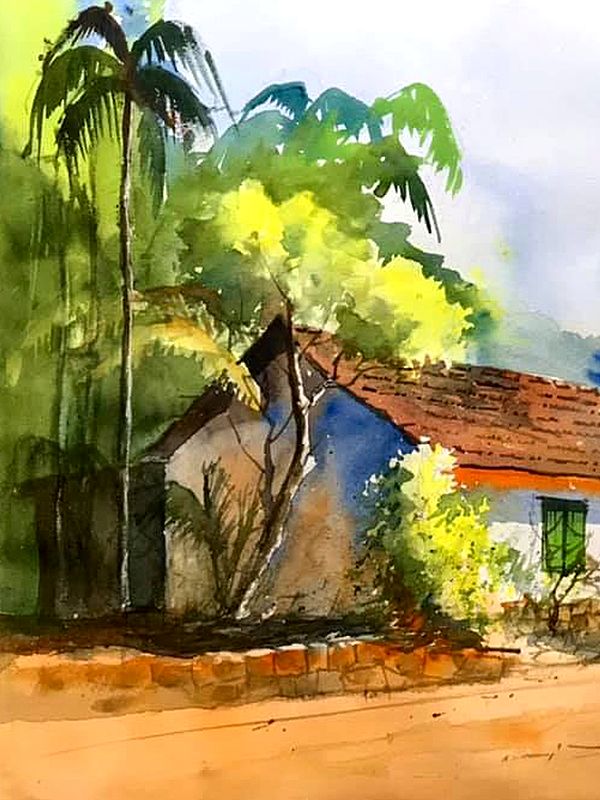 Home Alone | Village Landscape | Watercolor Painting by Abhijeet ...