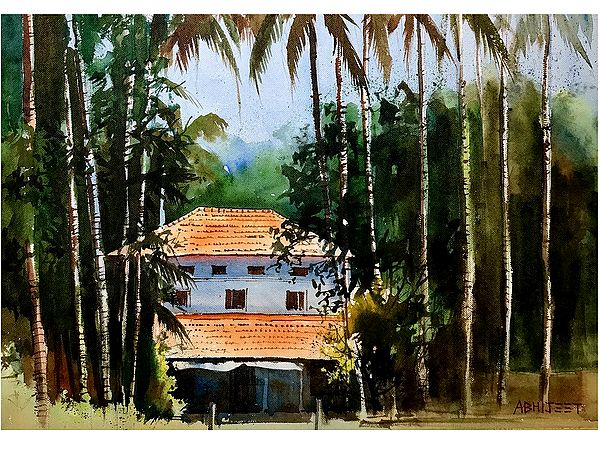 Large Palm Tree By The House | Watercolor On Paper | By Abhijeet Bahadure